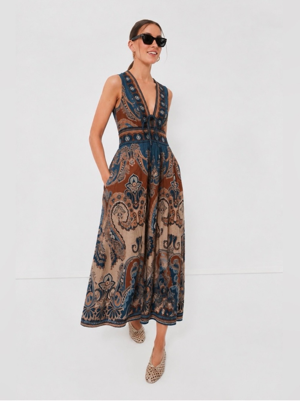 Caroline Constas brown blue paisley v neck Mahon maxi dress NWT size Medium